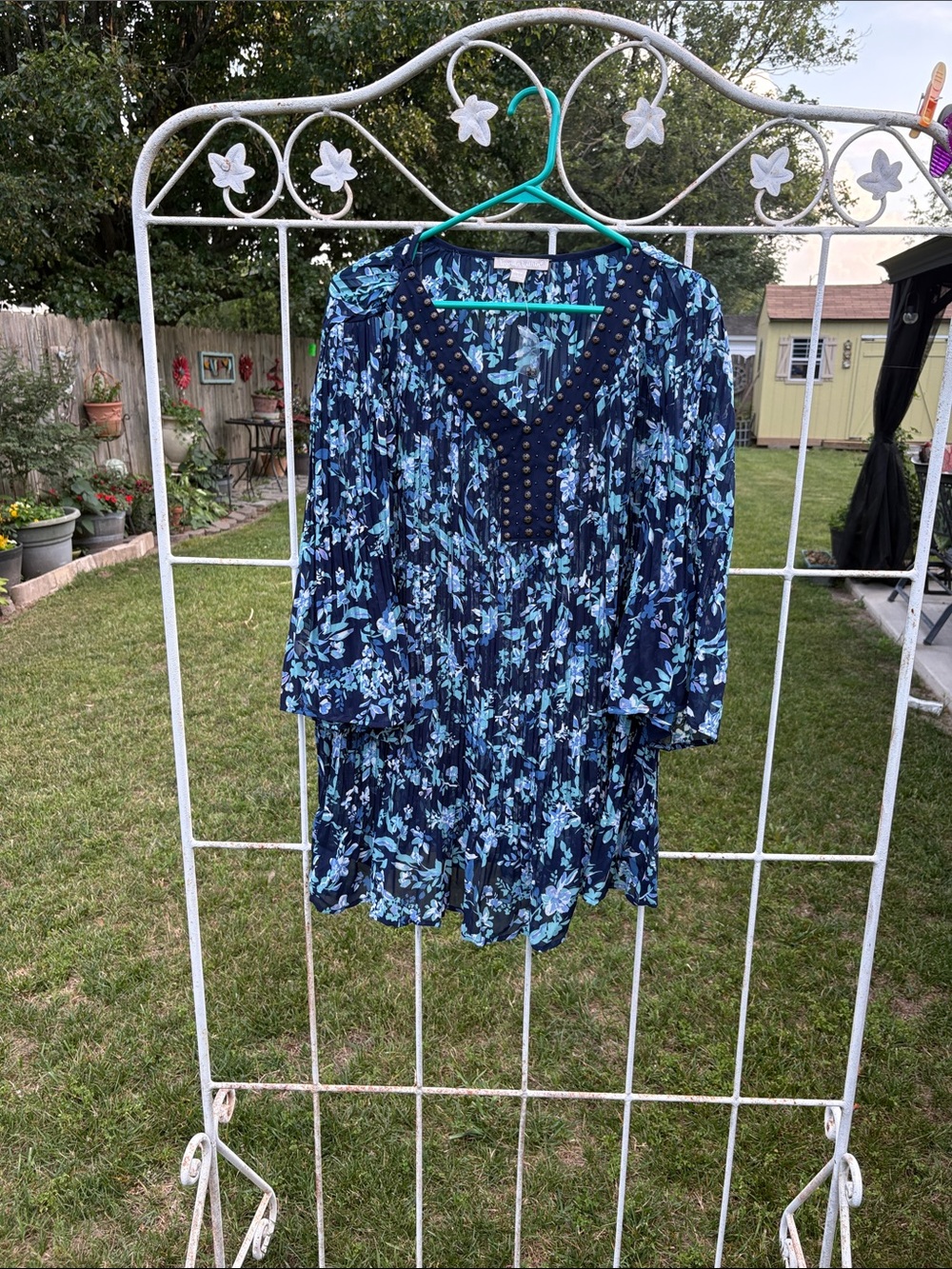 Woman Within Navy Floral Pleated V-Neck Top
